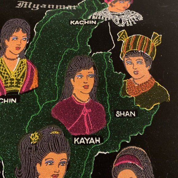 Vintage Black Velvet Wall Hanging Golden Myanmar Asian Tapestry Scroll Art - Picture 2 of 4